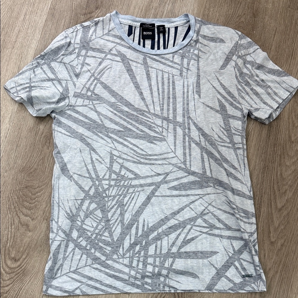 BOSS Light Gray Palm-Print Crew Neck T-Shirt